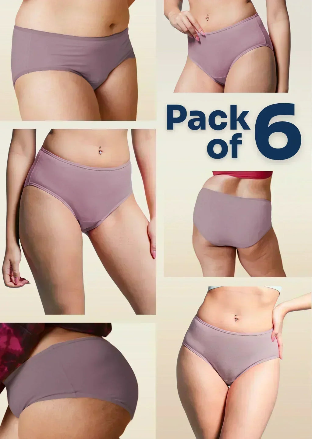 Collage of brown underwear with 'Pack of 6' text on a beige background