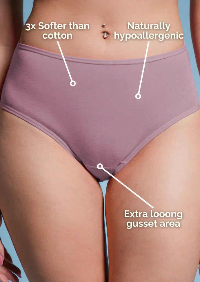 Brown underwear with text highlighting features on a blue background