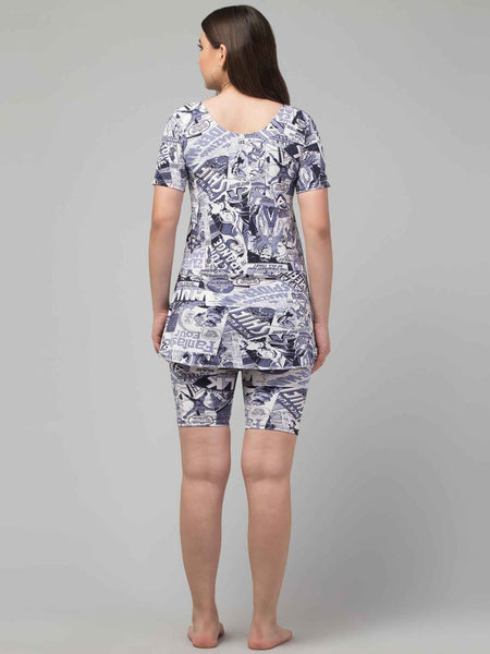 Women DC Printed Short Sleeves Legsuit Swimming Dress With Attached Shorts With Full Coverage