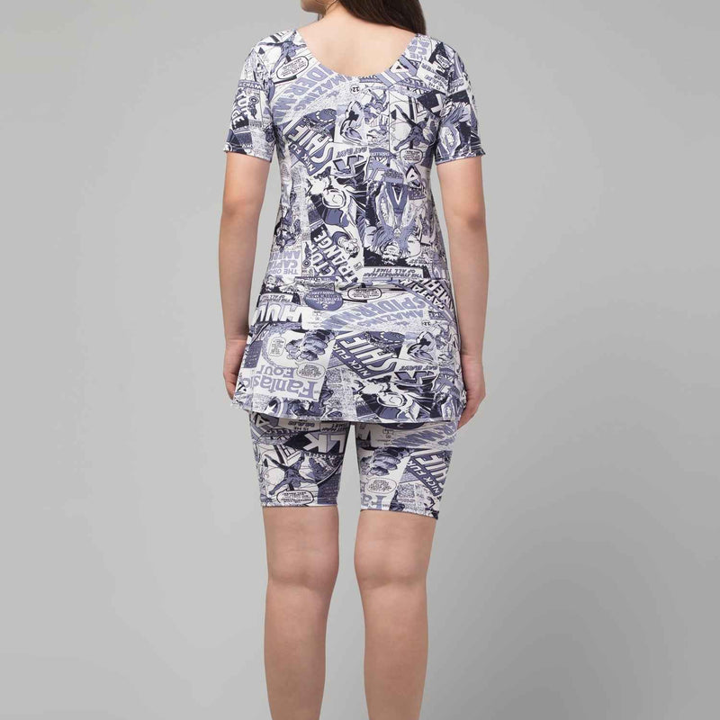 Women DC Printed Short Sleeves Legsuit Swimming Dress With Attached Shorts With Full Coverage