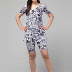 Women DC Printed Short Sleeves Legsuit Swimming Dress With Attached Shorts With Full Coverage