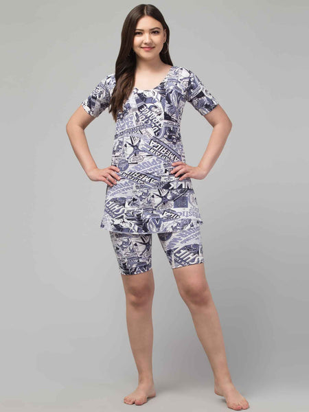 Women DC Printed Short Sleeves Legsuit Swimming Dress With Attached Shorts With Full Coverage