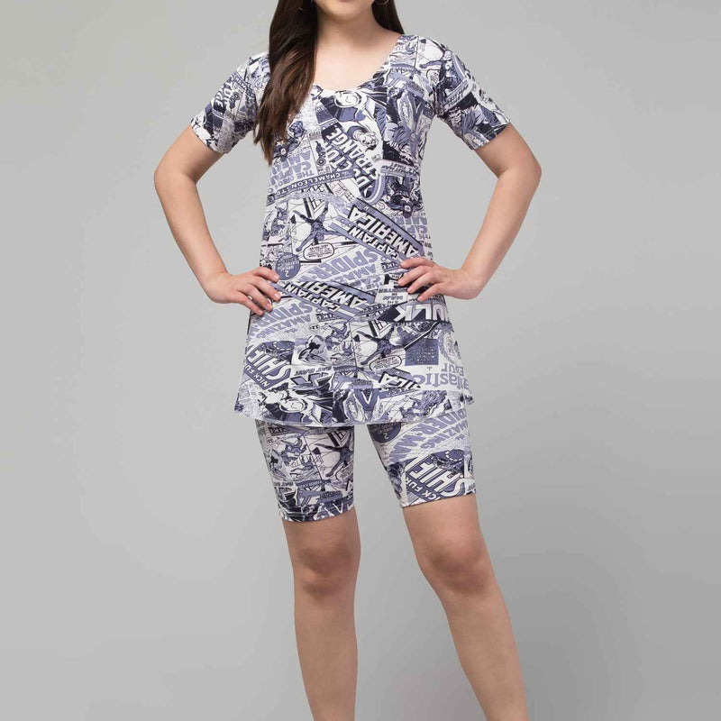 Women DC Printed Short Sleeves Legsuit Swimming Dress With Attached Shorts With Full Coverage
