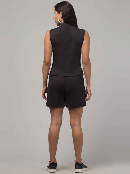 Brachy  Women Black Lounge Co-ord Shirt With Shorts Set