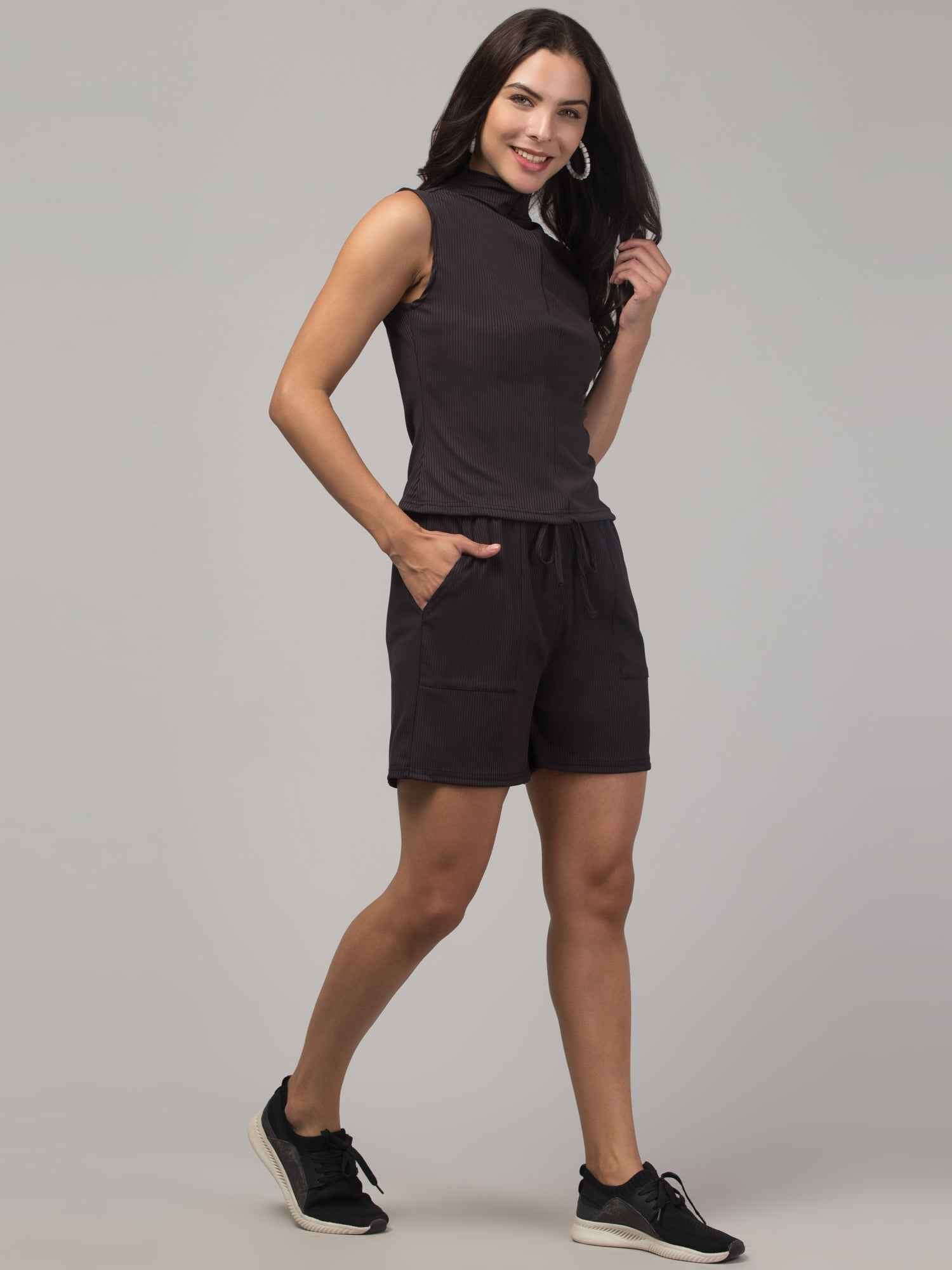 Brachy  Women Black Lounge Co-ord Shirt With Shorts Set