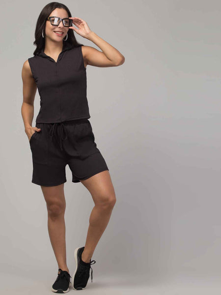 Brachy  Women Black Lounge Co-ord Shirt With Shorts Set