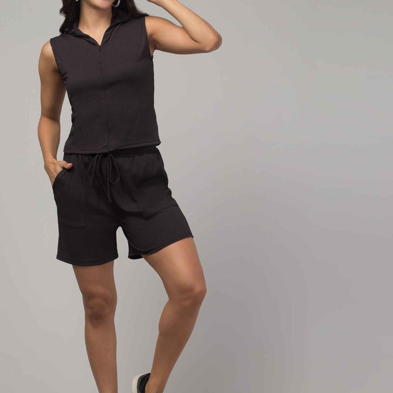 Brachy  Women Black Lounge Co-ord Shirt With Shorts Set