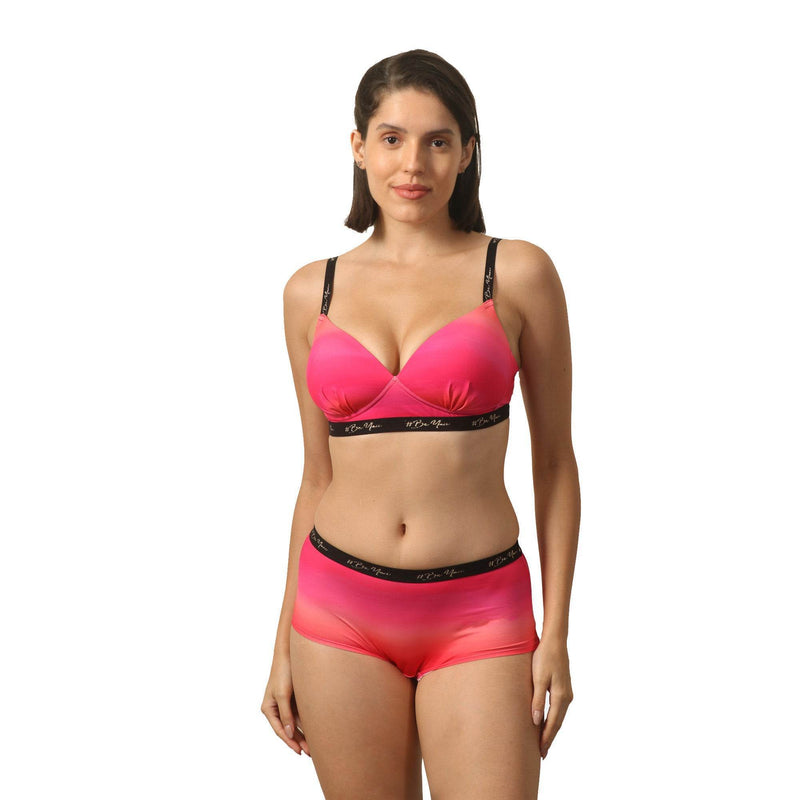 SOIE Woman - Padded Non Wired Full Coverage Printed Cross Back Bra with High Rise Full Coverage Printed Boyshorts - -for Women