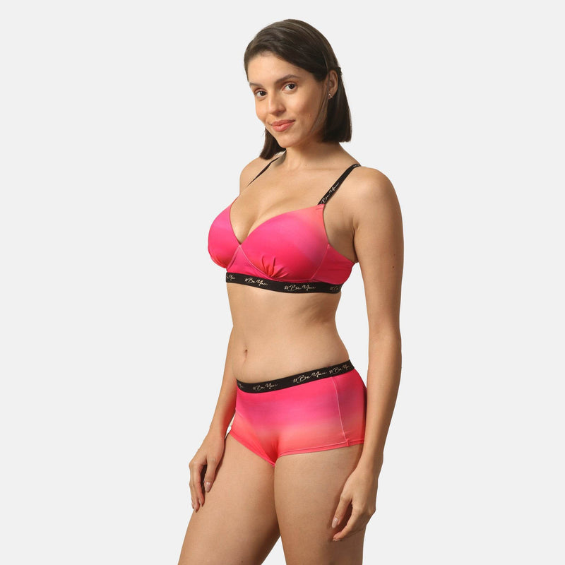 SOIE Woman - Padded Non Wired Full Coverage Printed Cross Back Bra with High Rise Full Coverage Printed Boyshorts - -for Women