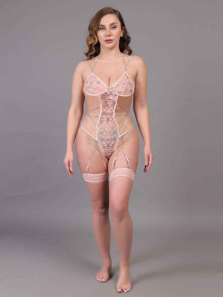 Women Teddy Bodysuit Pink Sexy Special Night Net Babydoll Dress