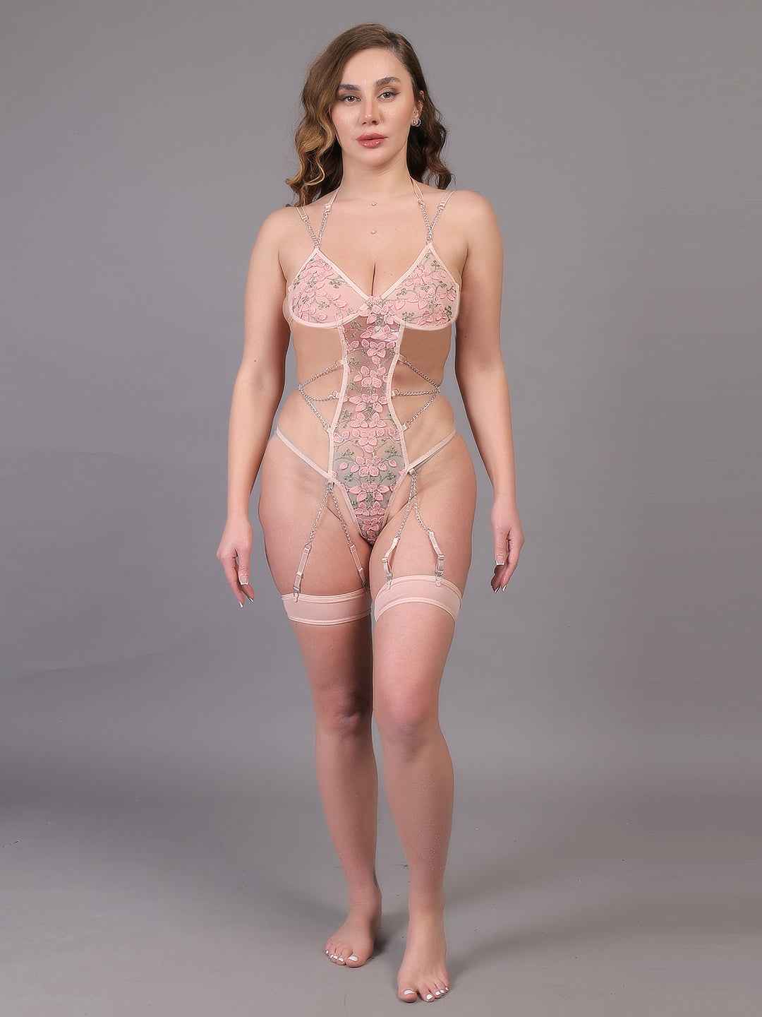Women Teddy Bodysuit Pink Sexy Special Night Net Babydoll Dress