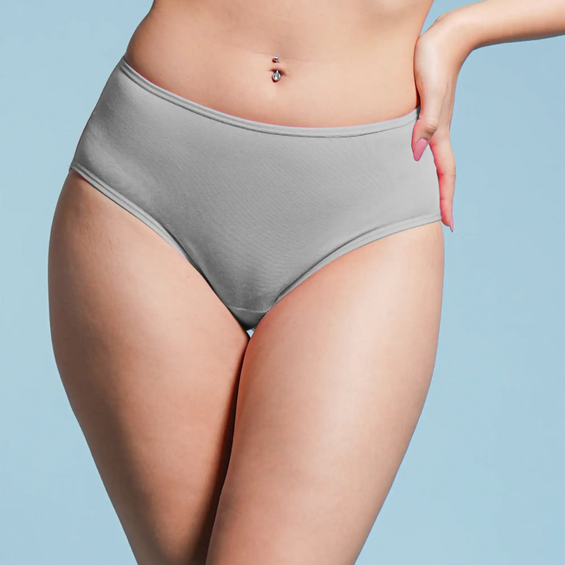 Person wearing gray underwear against a light blue background