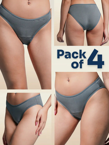 four-panel collage of grey underwear with a Pack of 4 text overlay on a beige background