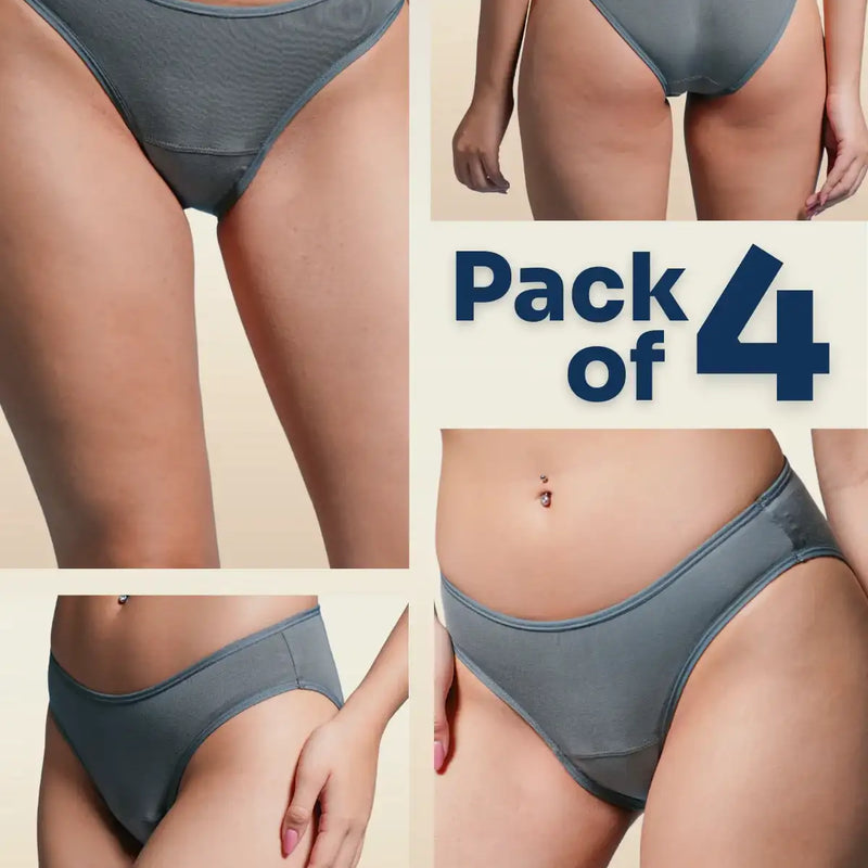 four-panel collage of grey underwear with a Pack of 4 text overlay on a beige background