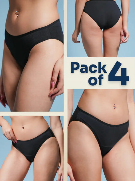 four-panel collage of black underwear with a Pack of 4 text overlay on a blue  background
