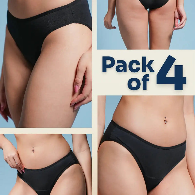 four-panel collage of black underwear with a Pack of 4 text overlay on a blue  background