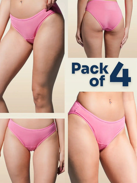 collage of pink underwear with a Pack of 4 text overlay on a beige background
