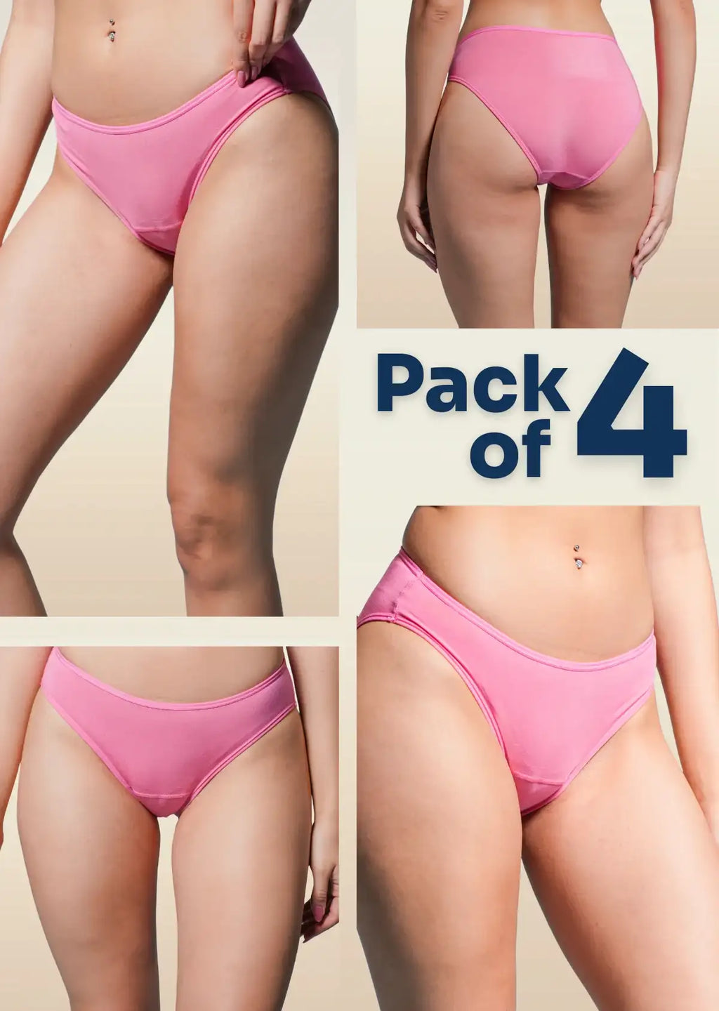 collage of pink underwear with a Pack of 4 text overlay on a beige background