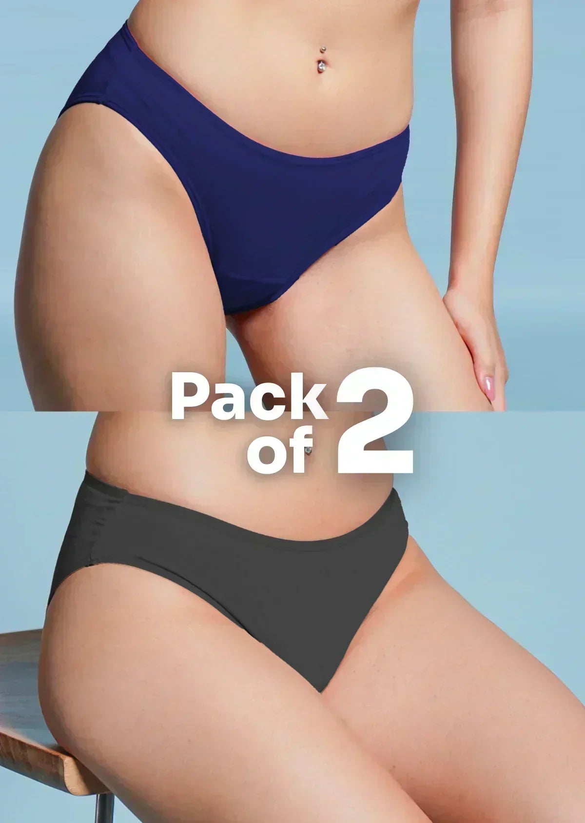 Two pairs of high-waisted underwear, one navy and one gray, on a person against a light blue background.