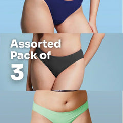 Three pairs of bikini underwear in blue, black, and green on a light blue background with text 'Assorted Pack of 3'.