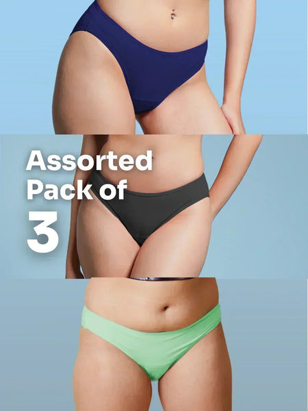 Three pairs of bikini underwear in blue, black, and green on a light blue background with text 'Assorted Pack of 3'.
