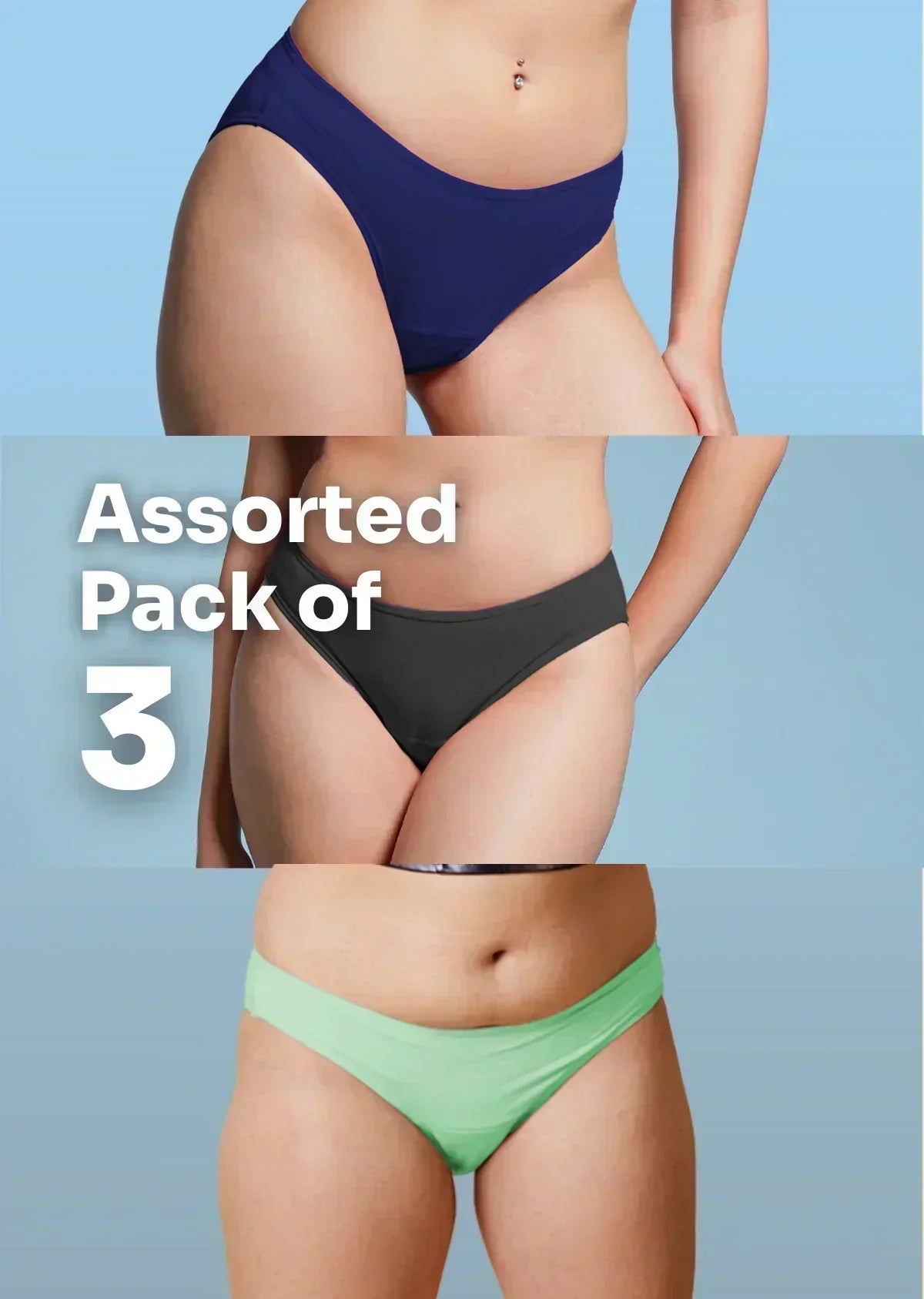 Three pairs of bikini underwear in blue, black, and green on a light blue background with text 'Assorted Pack of 3'.