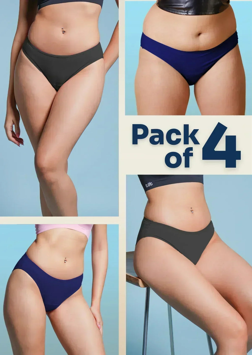 Four different colored underwear packs displayed on a model against a blue background.