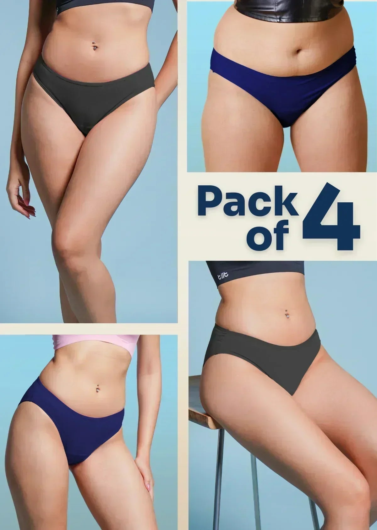 Four different colored underwear packs displayed on a model against a blue background.