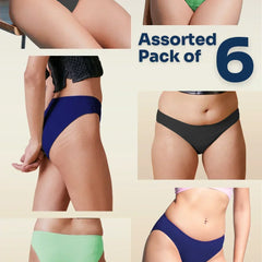 Assorted pack of 6 women's underwear in various colors on a beige background.