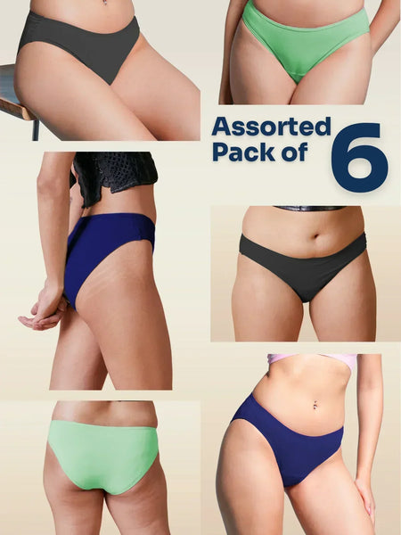 Assorted pack of 6 women's underwear in various colors on a beige background.