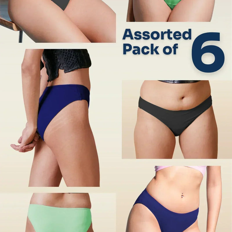 Assorted pack of 6 women's underwear in various colors on a beige background.