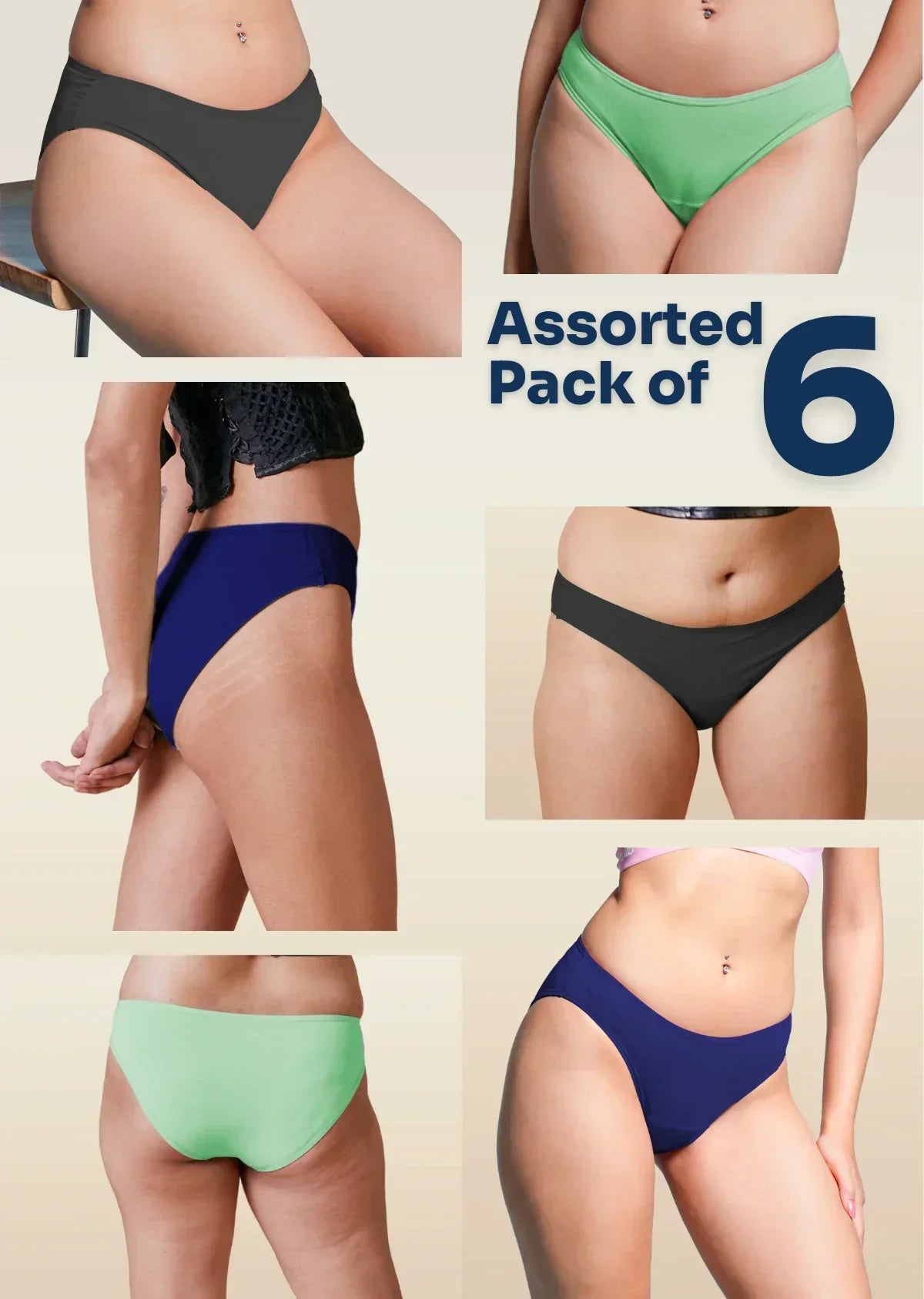 Assorted pack of 6 women's underwear in various colors on a beige background.
