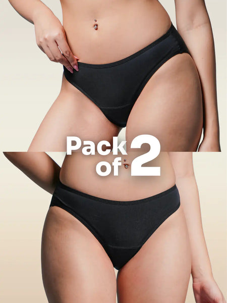 A two-panel collage of Black underwear with 'Pack of 2' text on a beige background
