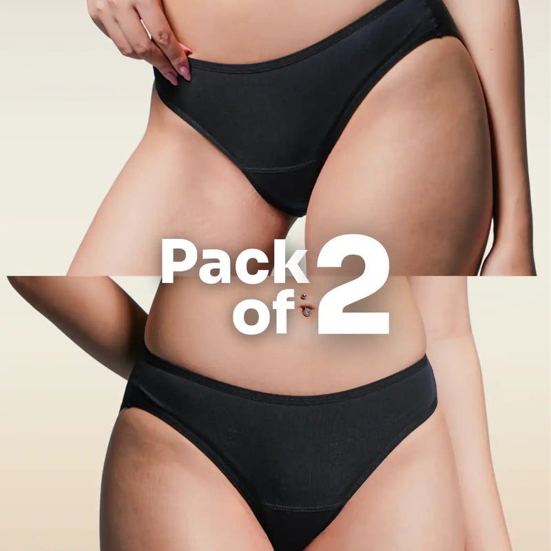 A two-panel collage of Black underwear with 'Pack of 2' text on a beige background