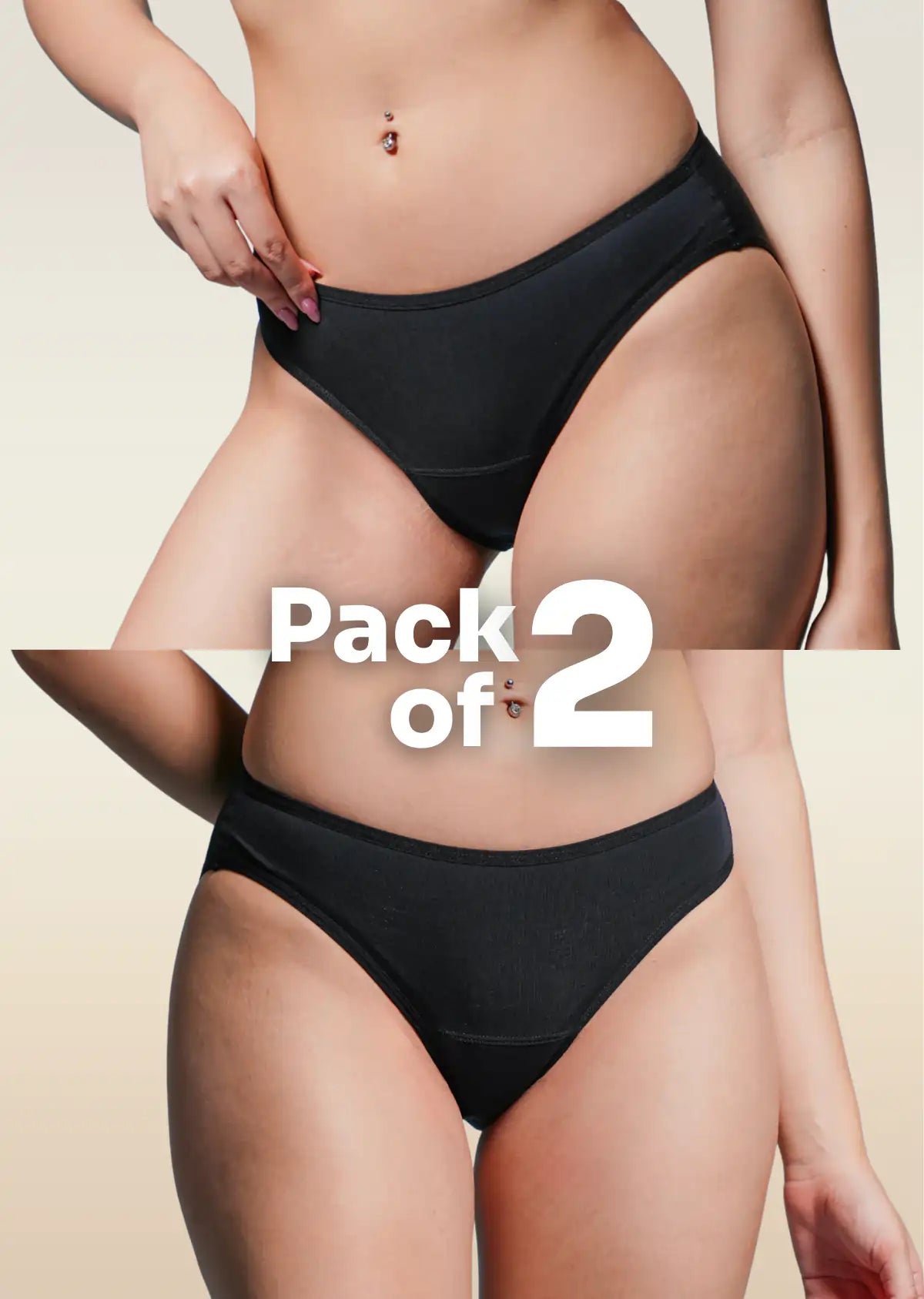 A two-panel collage of Black underwear with 'Pack of 2' text on a beige background