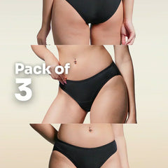 Three views of black underwear with 'Pack of 3' text on a beige background