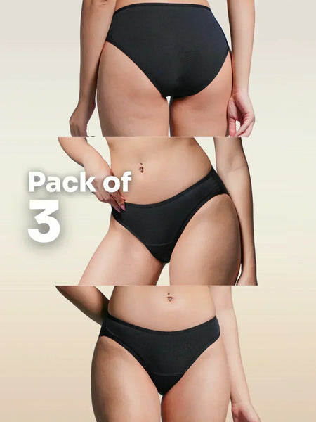 Three views of black underwear with 'Pack of 3' text on a beige background