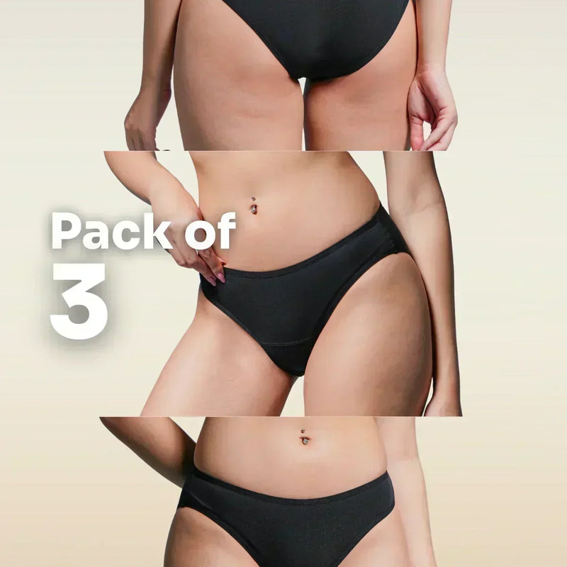 Three views of black underwear with 'Pack of 3' text on a beige background