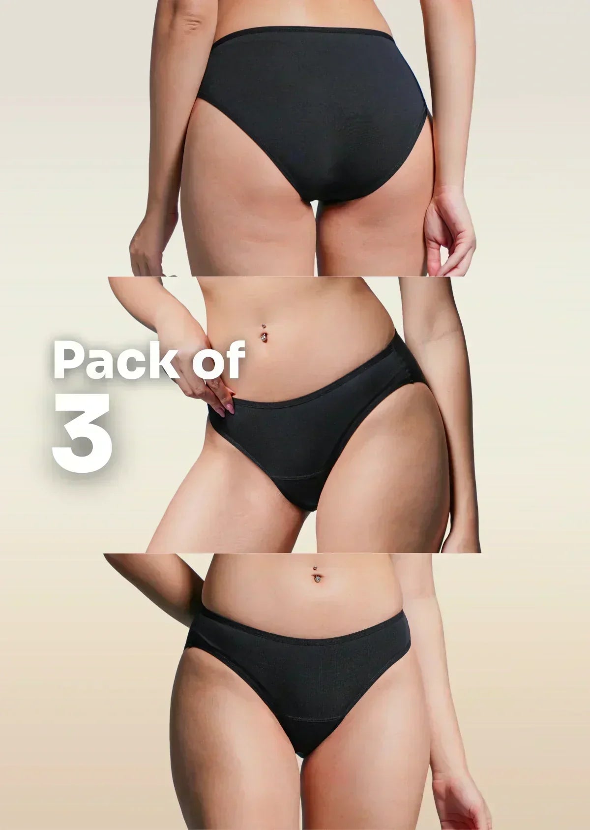 Three views of black underwear with 'Pack of 3' text on a beige background