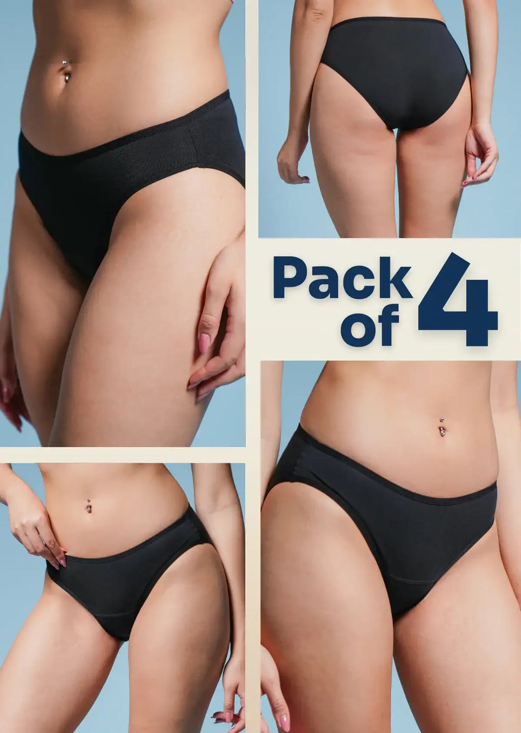 our-panel collage of black underwear with a "Pack of 4" text overlay