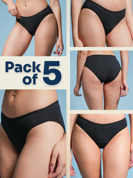 Five-panel collage of black underwear with a 