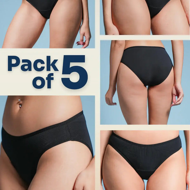 Five-panel collage of black underwear with a 