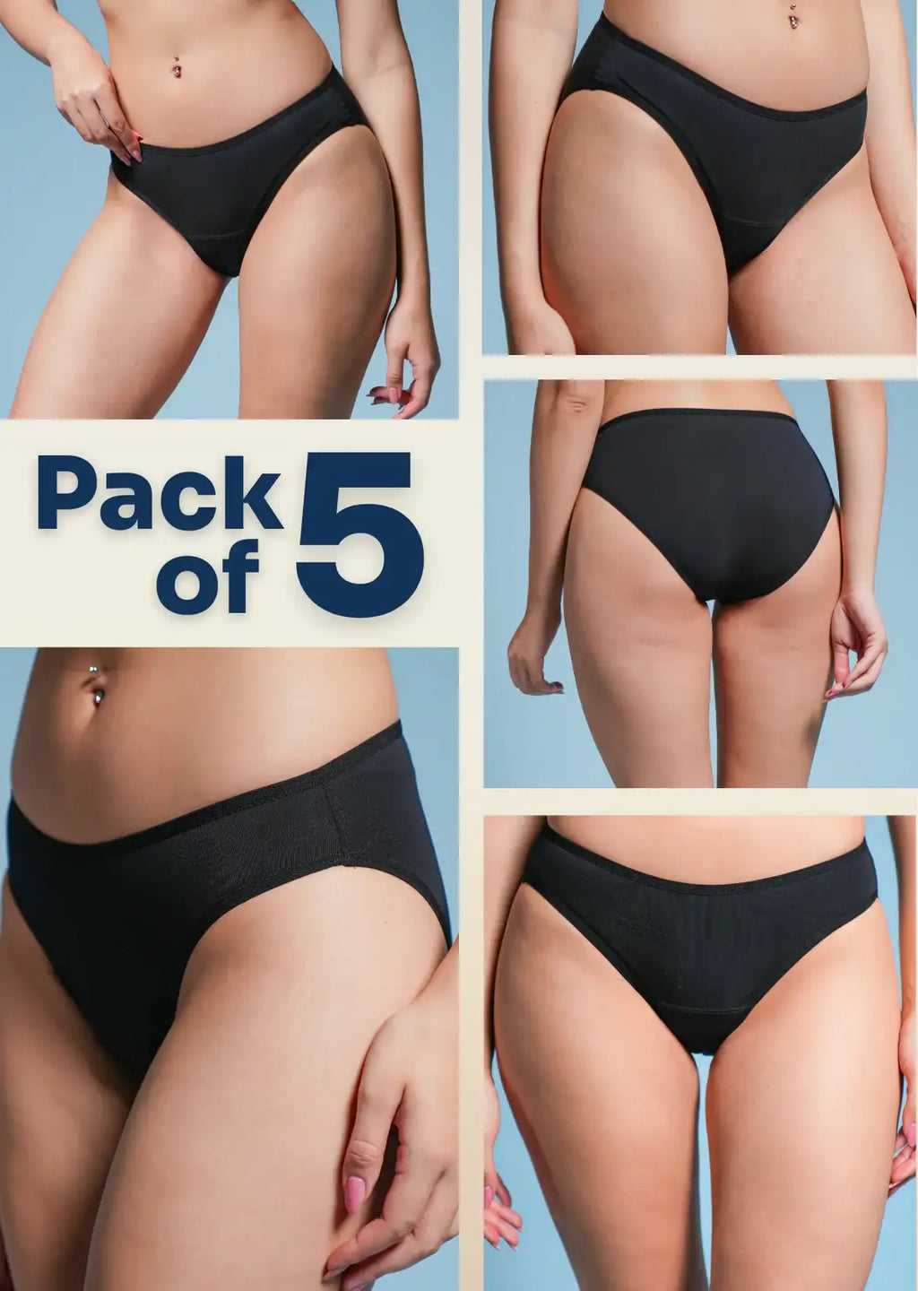 Five-panel collage of black underwear with a "Pack of 5" text overlay.
