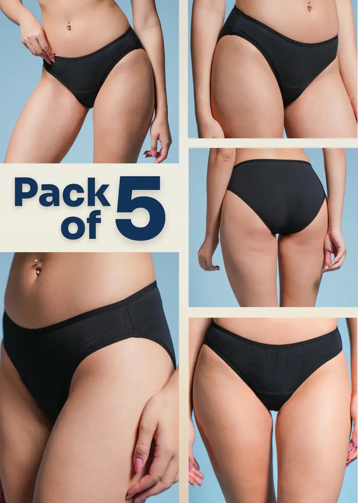 Five-panel collage of black underwear with a "Pack of 5" text overlay.