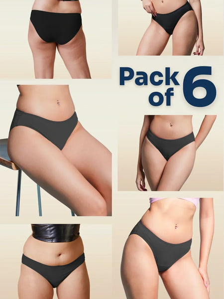 six-panel collage of black underwear with a 