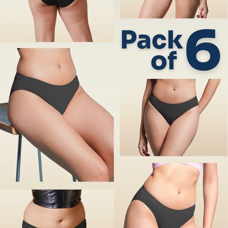 six-panel collage of black underwear with a 