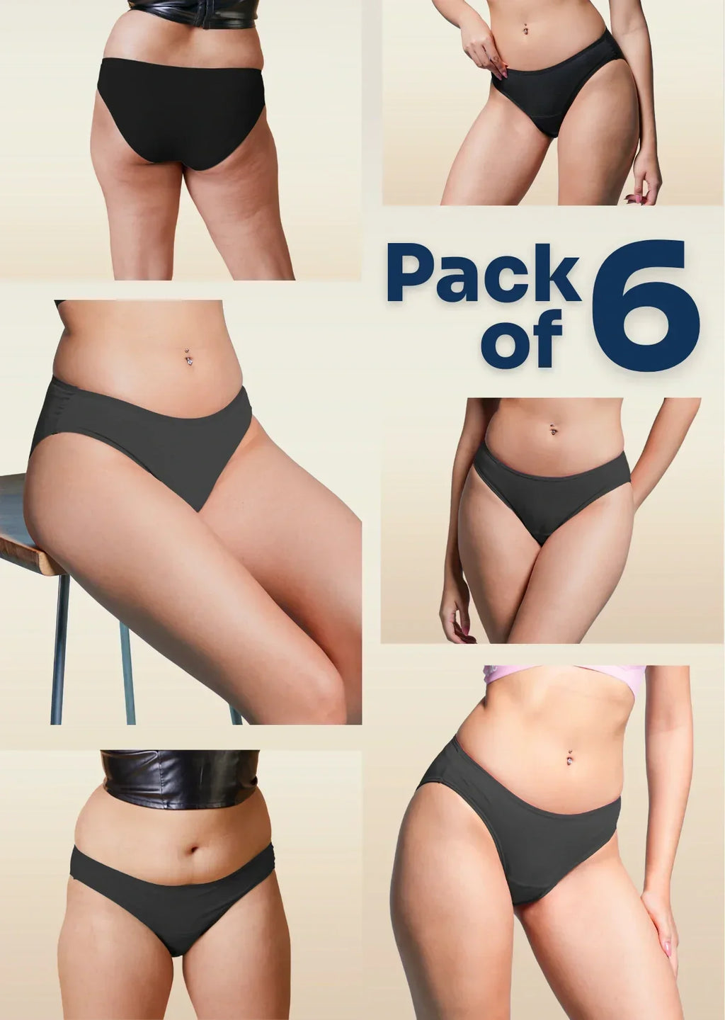 six-panel collage of black underwear with a "Pack of 5" text overlay.