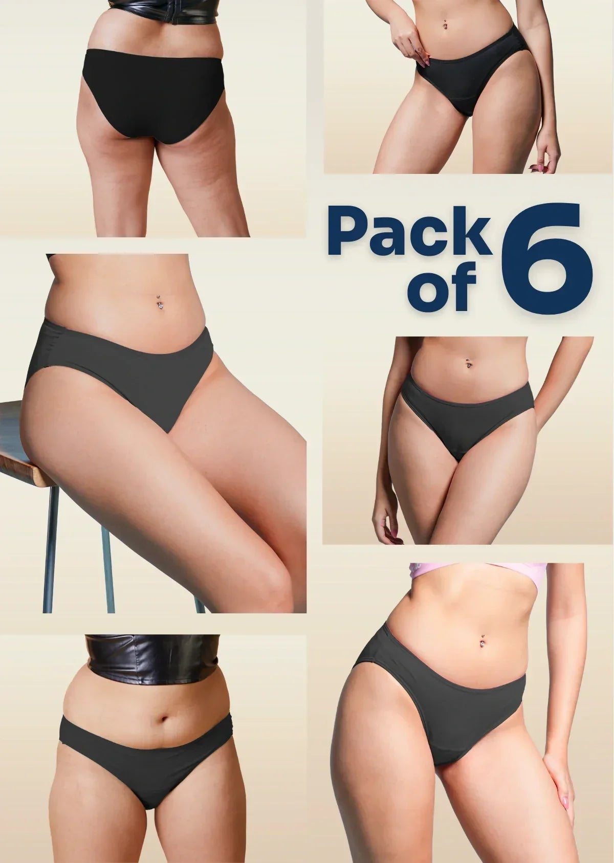 six-panel collage of black underwear with a "Pack of 5" text overlay.