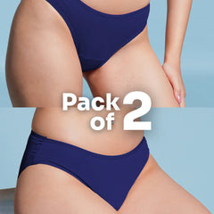 Two pairs of blue underwear on a person against a light blue background with 'Pack of 2' text.
