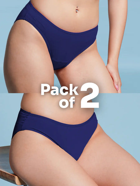 Two pairs of blue underwear on a person against a light blue background with 'Pack of 2' text.